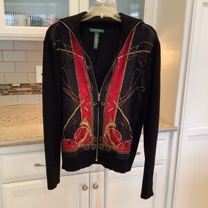 Ralph Lauren Black & Red Silk Wool Blend Sweater Jacket Size Large Equestrian